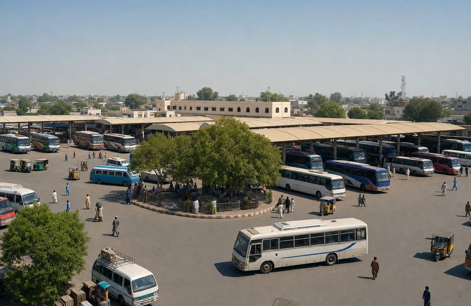 Sargodha bus stand with buses and rickshaws