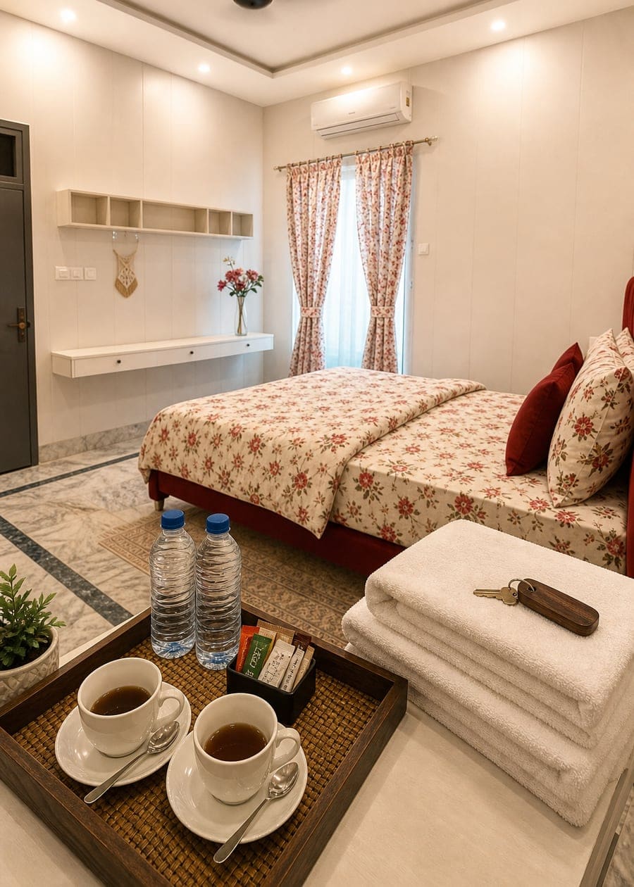 Guest care setup with tea, water, towels, and room key